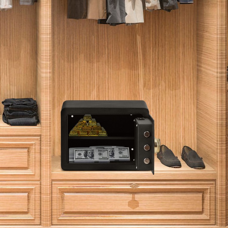 Compact 0.5 cubic feet security safe with keypad, made of durable steel, ideal for storing valuables in a closet.