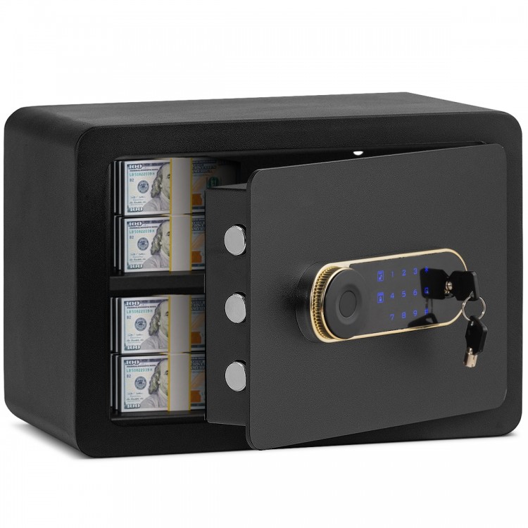 Compact 0.5 cubic feet security safe with keypad, solid steel construction, LED light, and emergency override key for.