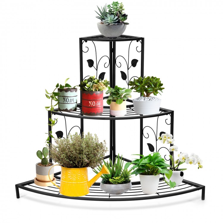 Three-tier floral corner metal plant pot rack in black, designed for stylish storage of plants and decorative items in.