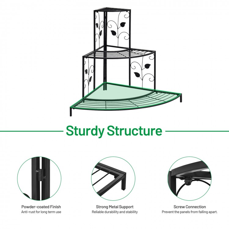 Three-tier floral corner metal plant pot rack in black finish, ideal for displaying potted plants and decorative items.