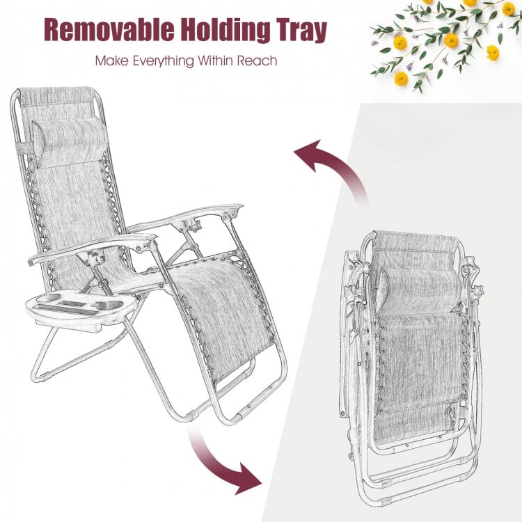 Folding lounge chair with removable holding tray, made of steel and Textilene, perfect for outdoor relaxation and.