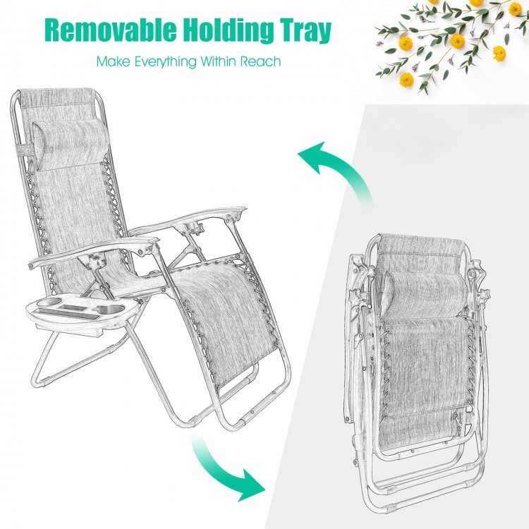 Folding lounge chair with removable holding tray, made of steel and Textilene, ideal for outdoor relaxation and storage.