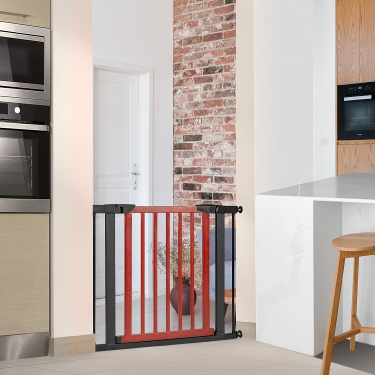 Extendable red safety gate for babies and pets, fitting openings 29.5"-38", with double-lock latch and auto-close.