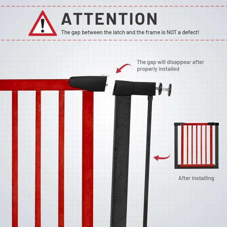 Extendable safety gate in red, featuring a double-lock latch and designed for openings 29.5"-38" for child and pet.
