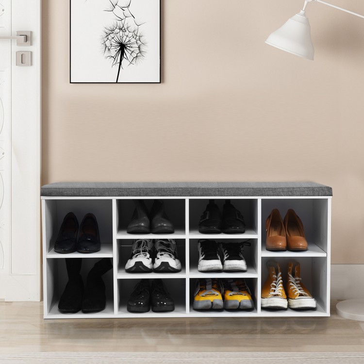 10-cube organizer entryway padded shoe storage bench in white with removable cushion, perfect for entryway or bedroom.