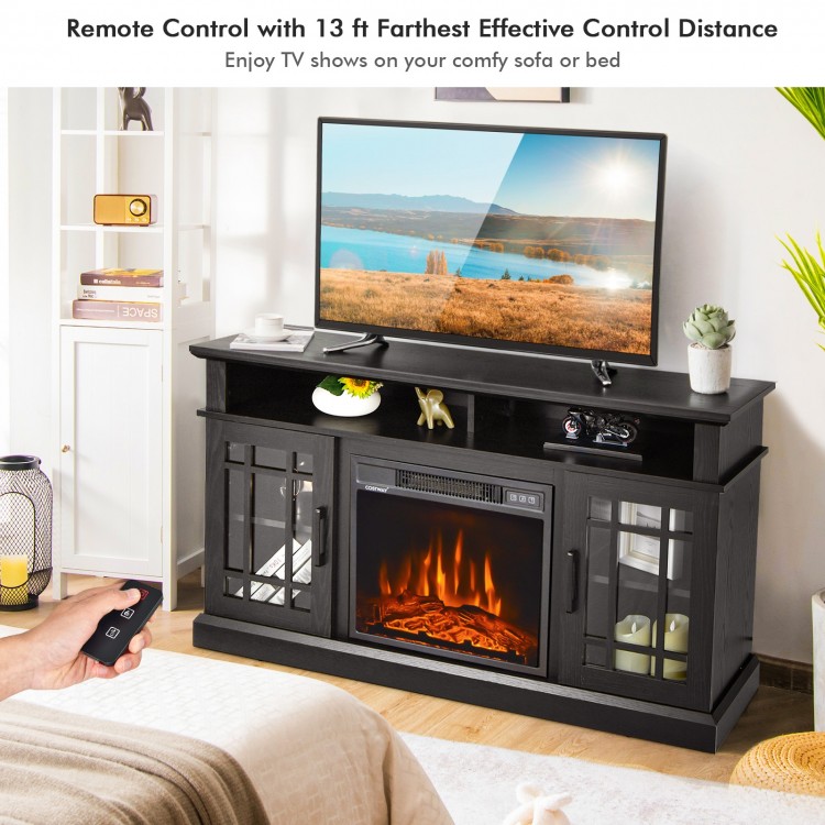Close-up view of the electric fireplace TV stand's realistic flame effect and remote control for convenient operation.