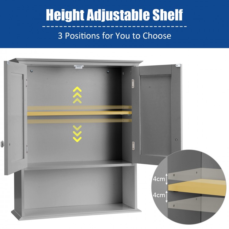 Height adjustable shelf of a dark gray wall-mounted bathroom storage cabinet with two doors and open shelf for storage.