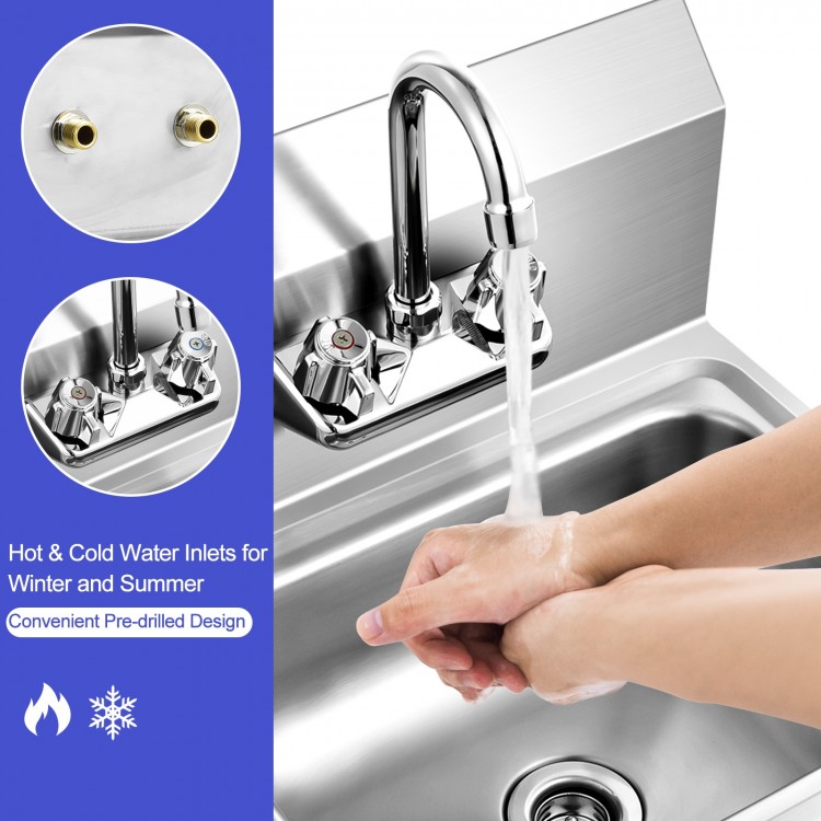Stainless steel wall mount hand washing sink with faucet, featuring a large bowl and pre-drilled back splash for easy.