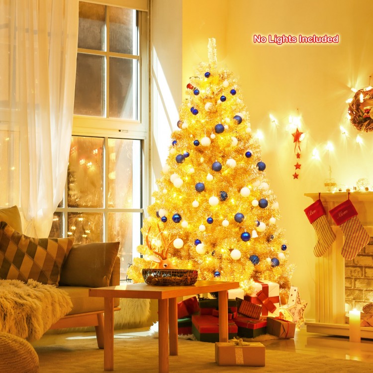 6 ft artificial tinsel Christmas tree in unique champagne gold, perfect for indoor or outdoor holiday decoration.