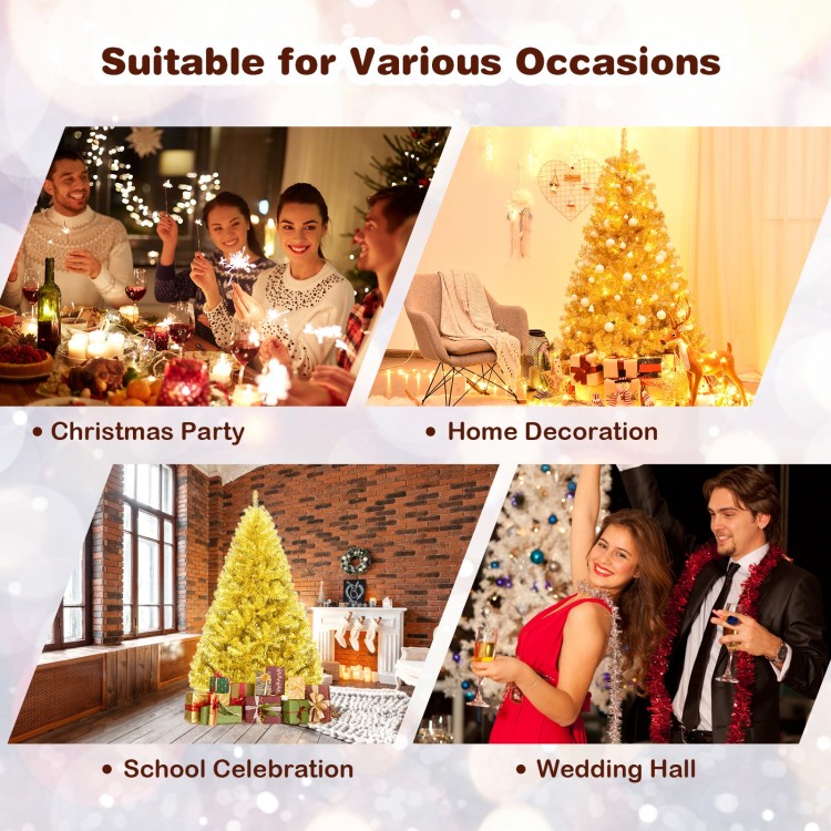 Champagne gold 6 ft artificial tinsel Christmas tree with hinged design, perfect for festive indoor and outdoor.