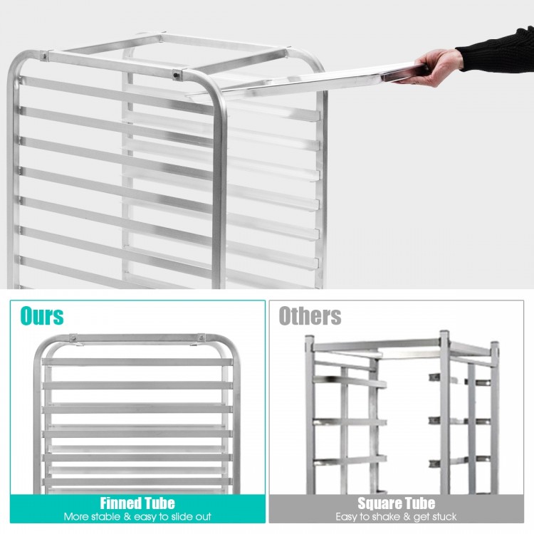 Aluminum rolling bakery pan rack with 10 tiers, sturdy design, and smooth edges for easy access and organization.