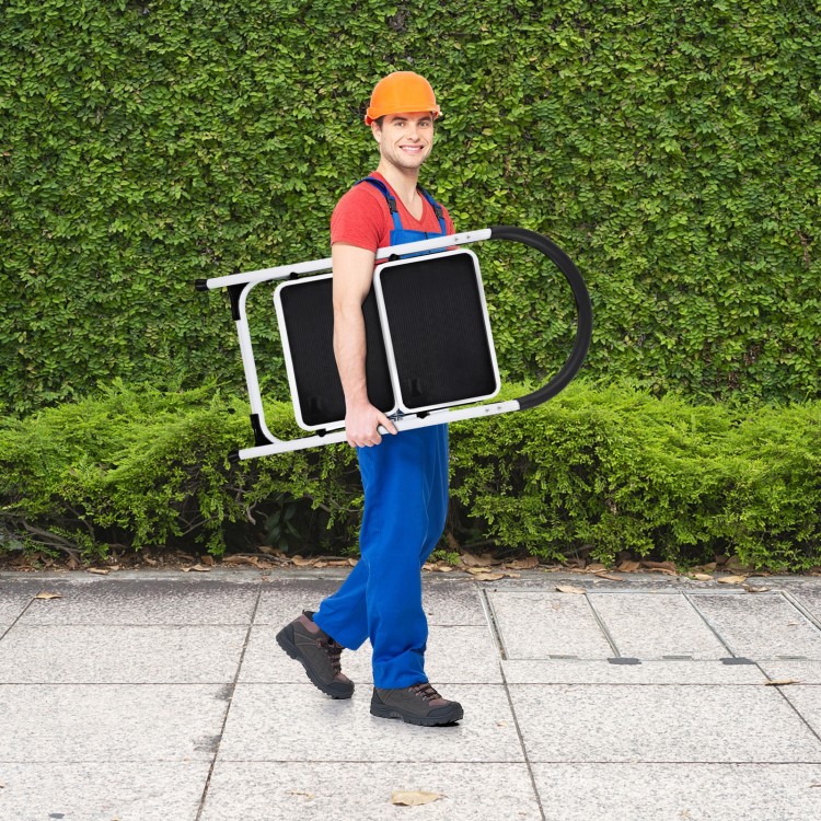 Folding step stool with iron frame and anti-slip pedals, ideal for reaching high places in home or office.
