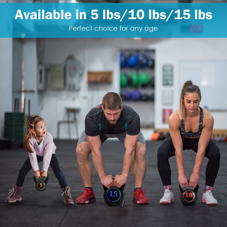 Kettlebell weight set featuring 5, 10, and 15 lbs options, ideal for strength training and fitness for all ages.