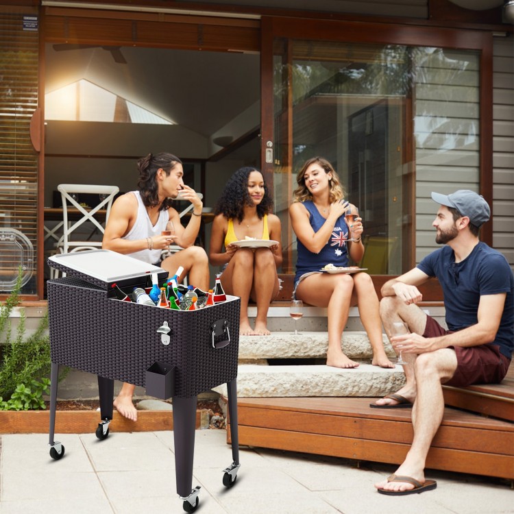Portable 80QT rattan rolling cooler cart with dual lids and wheels, perfect for outdoor parties and keeping drinks cool.