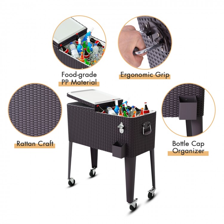 Portable 80QT rattan rolling cooler cart with ergonomic grip, dual lids, and bottle cap organizer for outdoor parties.