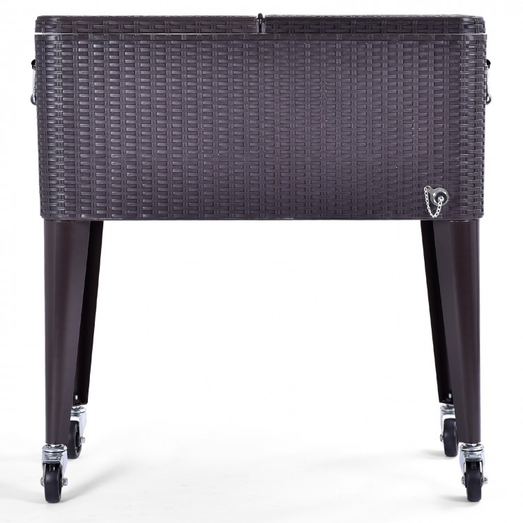 Rattan rolling cooler cart with sleek design, featuring a twist-off drain plug and dual handles for easy transport.