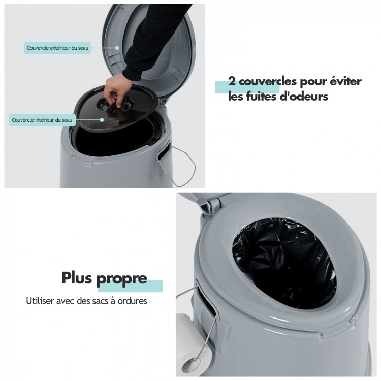 Portable 5L travel toilet with dual lids for odor control and removable inner bucket, ideal for outdoor use.