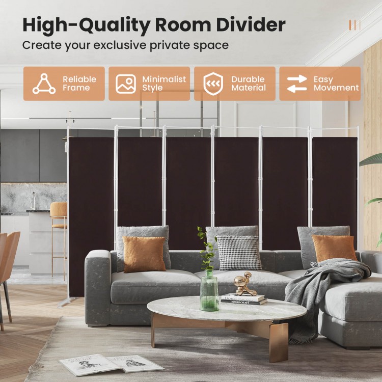 6-panel folding room divider in brown with a steel frame, ideal for creating private spaces in homes or offices.