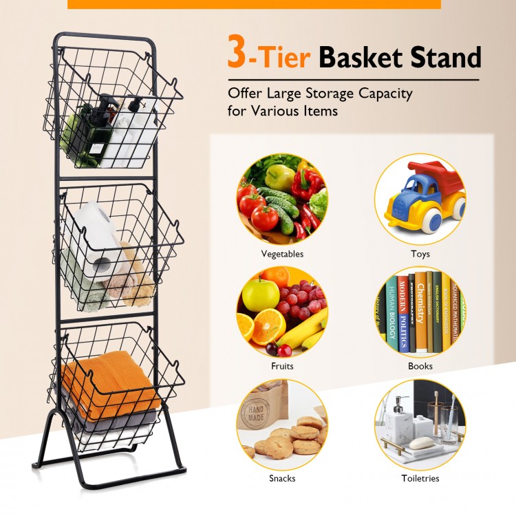 3-tier fruit basket stand with adjustable heights, featuring removable wire baskets for snacks, fruits, and vegetables.