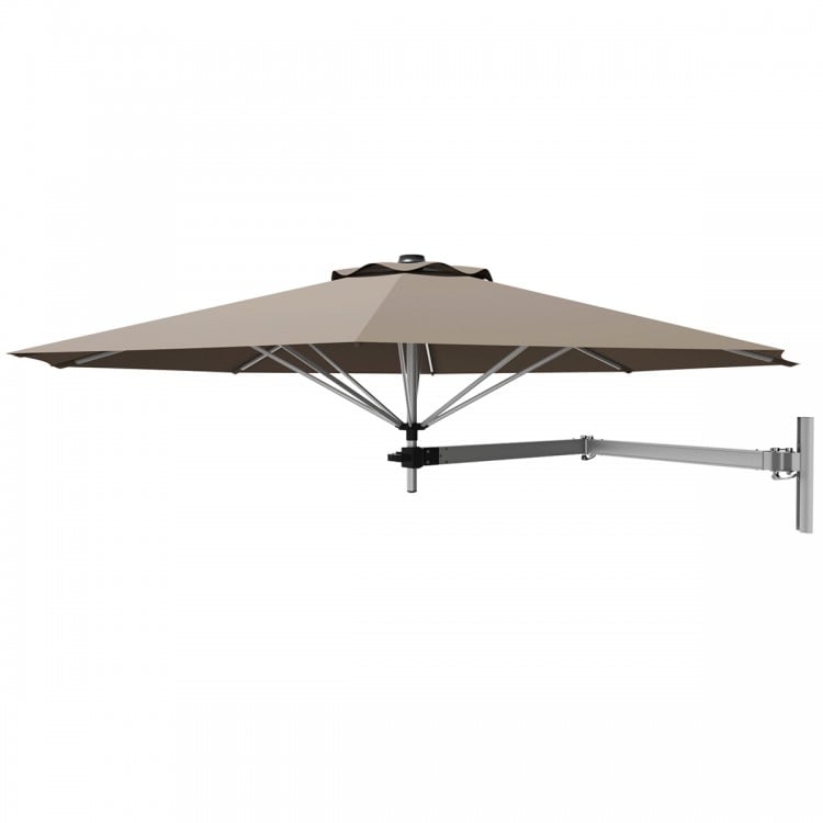 8ft wall-mounted telescopic folding tilt umbrella in tan with aluminum frame, ideal for patio shading and space-saving.