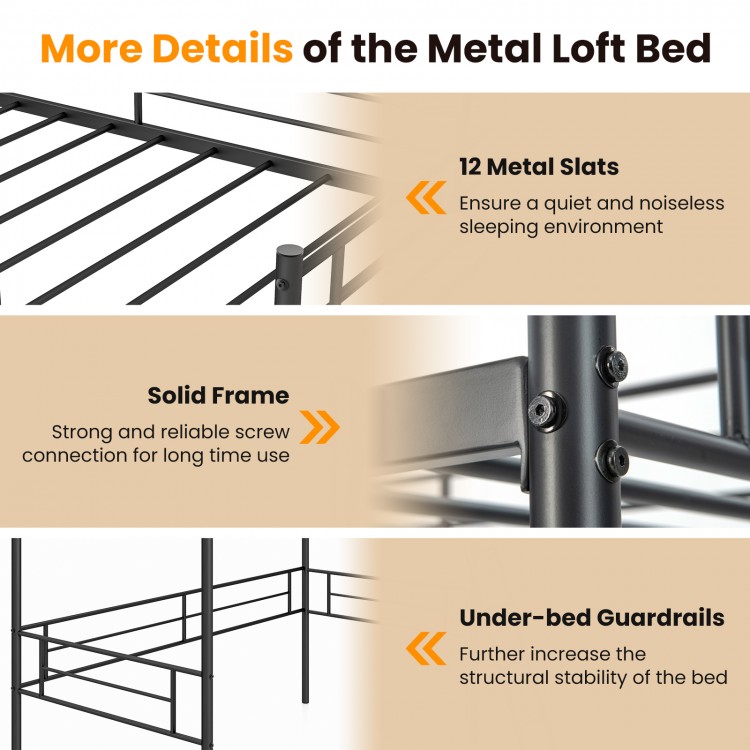 Detail of the Metal Loft Twin Bed Frame showing sturdy slats, solid frame, and under-bed guardrails for enhanced.