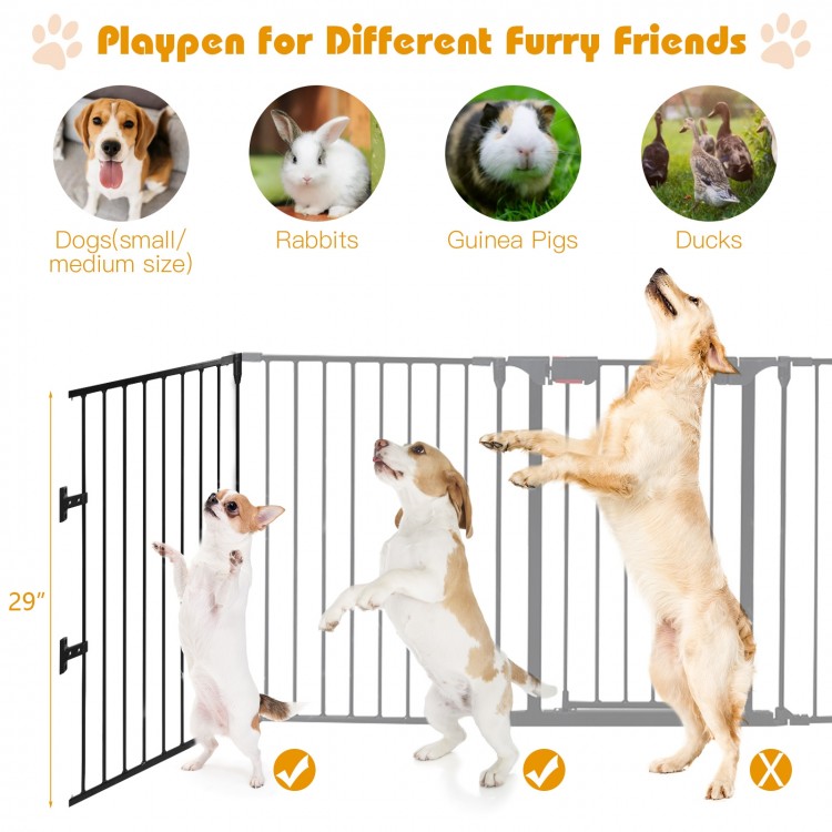 5-panel adjustable metal pet playpen in black, 29 inches high, ideal for indoor safety and versatile configurations.