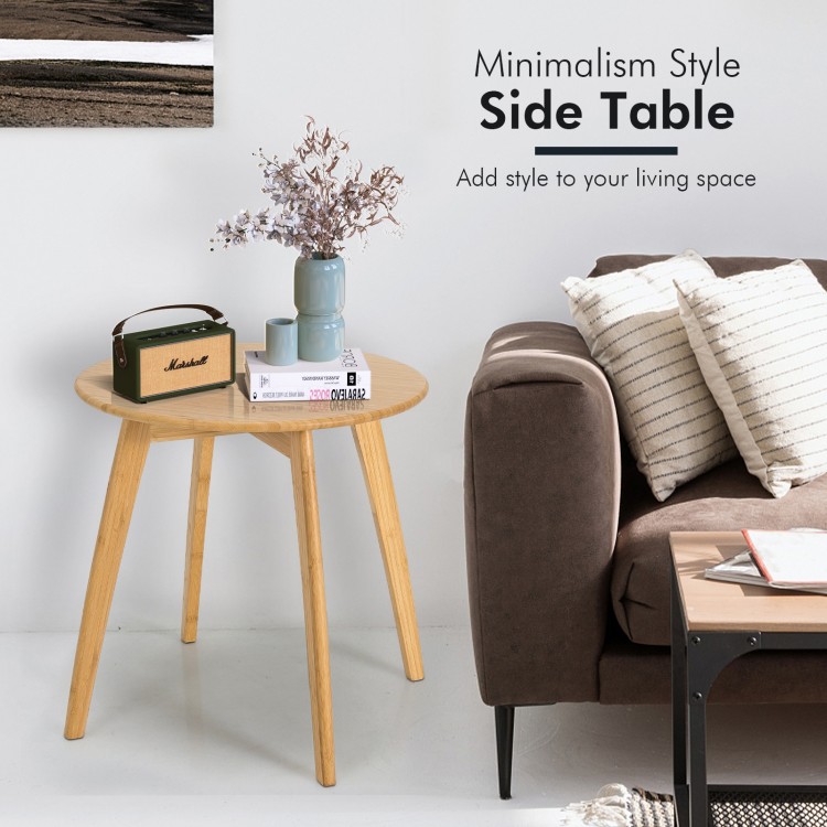 Bamboo round side table with a 20-inch tabletop, featuring a sleek design and sturdy X-frame for versatile use.