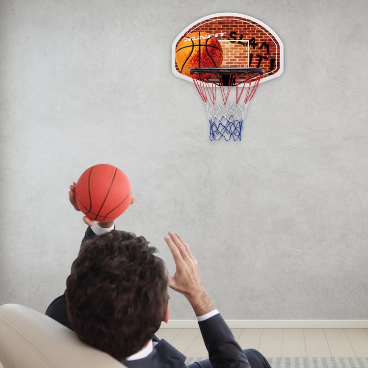 Wall mounted basketball hoop with 29" polypropylene backboard and two nylon nets, perfect for indoor play and fun.