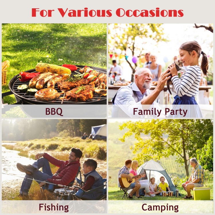 Folding camping table with windscreen and round edge corners, designed for safety and convenience during outdoor.