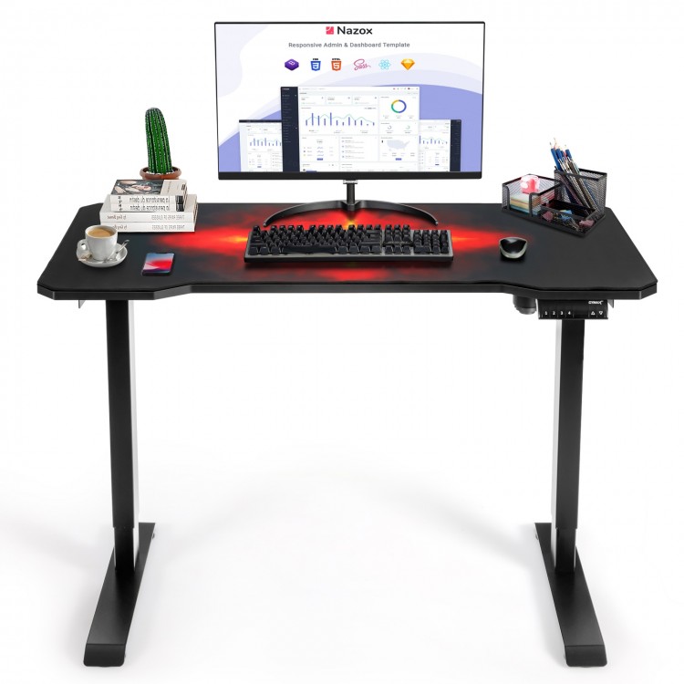 Electric standing gaming desk with height adjustable splice board, featuring a carbon fiber texture and noiseless motor.