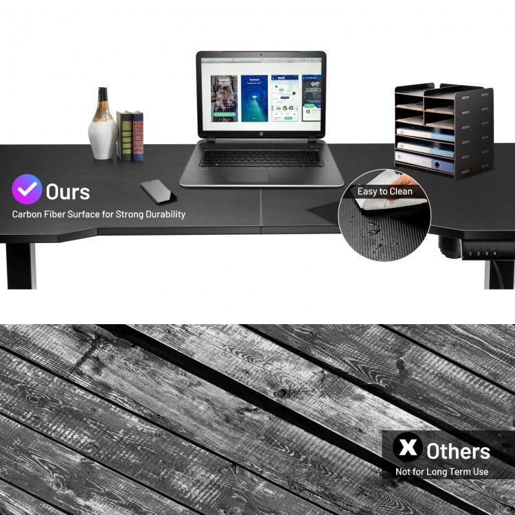 Electric standing gaming desk with carbon fiber surface, height adjustable, ideal for gaming and office use.