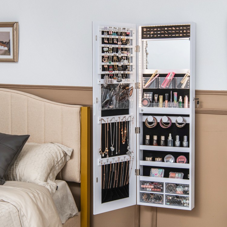 Jewelry cabinet with a small internal mirror and 3-color LED lights for convenient makeup application and organization.