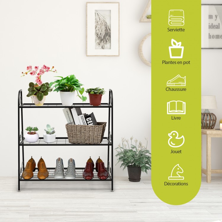 3-tier metal plant stand shelf displaying plants and shoes, featuring a sturdy steel frame for indoor or outdoor use.