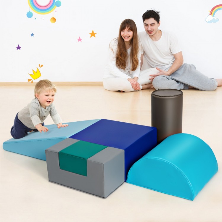 Light blue soft climbing wedge from the 6-piece play set, perfect for toddlers to crawl, slide, and explore safely.