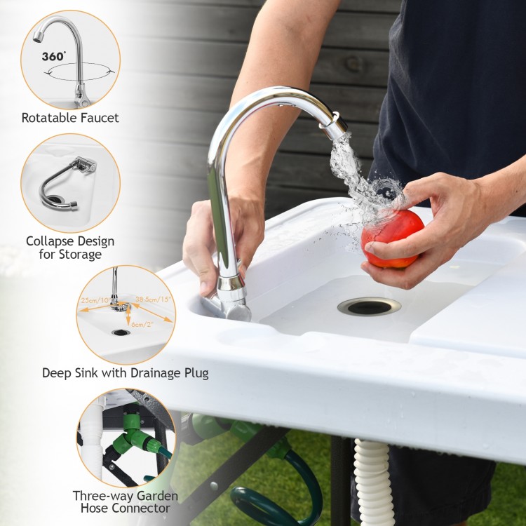 Folding cleaning sink with rotatable faucet and deep sink, perfect for outdoor cleaning and potting tasks.