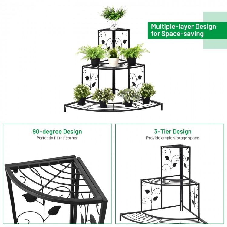 Three-tier floral corner metal plant pot rack in black, perfect for displaying potted plants and saving space.