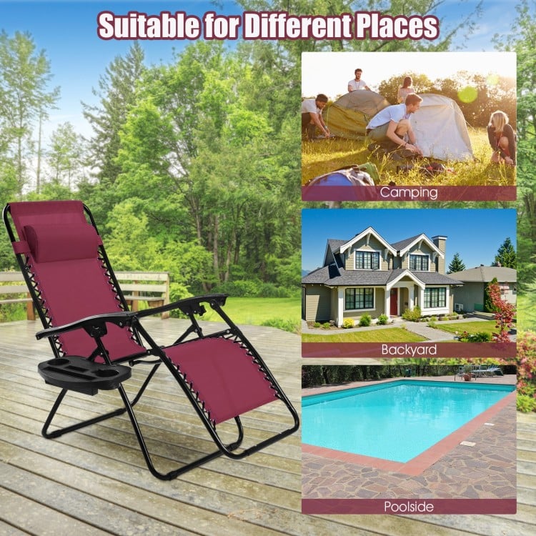Folding lounge chair in wine color, made of steel and Textilene, ideal for outdoor relaxation by the pool or backyard.
