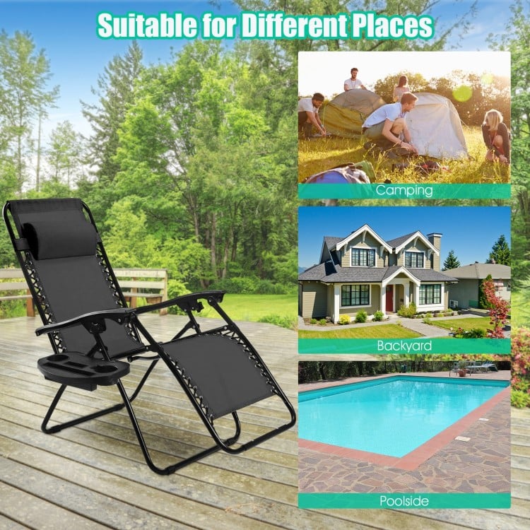 Folding lounge chair in black, made of steel and Textilene, ideal for outdoor relaxation in various settings.