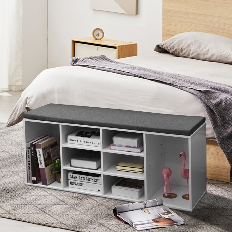 Front view of the 10-cube organizer entryway padded shoe storage bench in white, highlighting its spacious compartments.