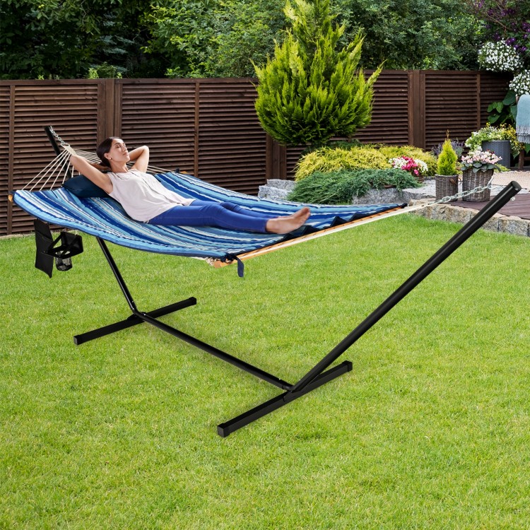 Hammock chair stand set with soft cotton fabric and pillow, perfect for relaxing in your outdoor garden.