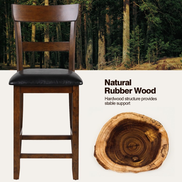 Counter height chair set made of natural rubber wood with PVC leather seat, designed for comfort and elegance.