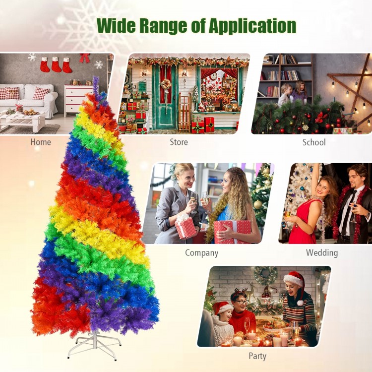 7-foot rainbow Christmas tree with 1213 colorful tips and sturdy metal stand, perfect for indoor and outdoor holiday.