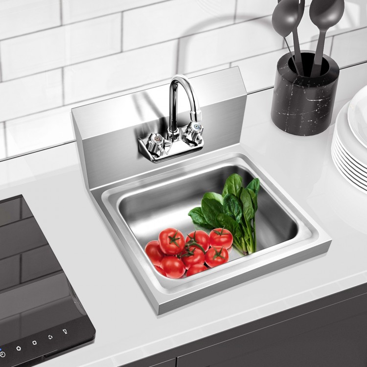 Stainless steel wall mount sink with faucet, featuring an oversized bowl for washing vegetables and fruits.