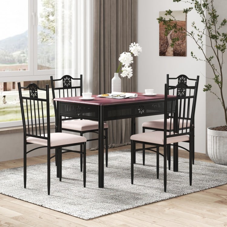 5-piece dining set featuring a wood and metal table with four cushioned chairs, perfect for elegant dining experiences.