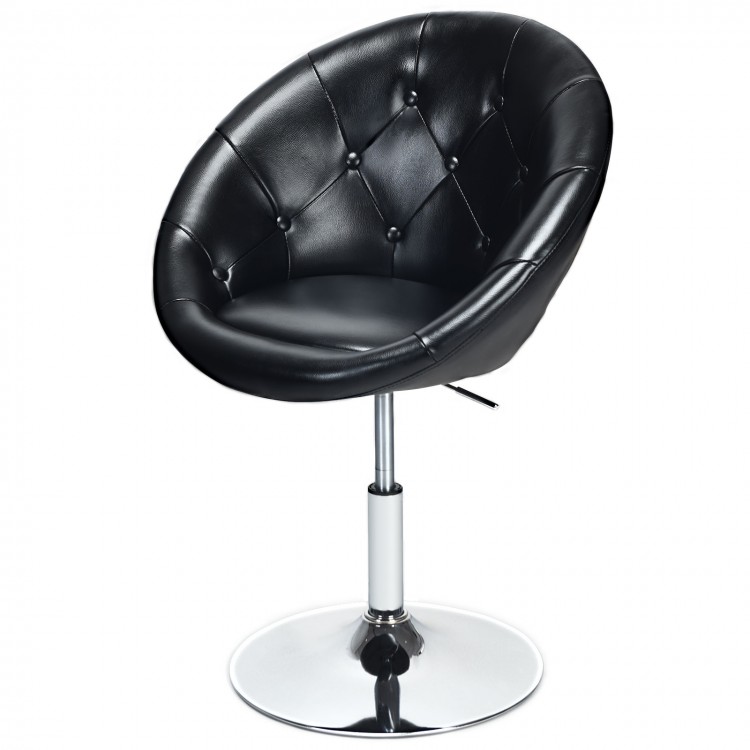 Round tufted black accent chair with a chrome base and rubber feet, ideal for bar or home use with a modern design.