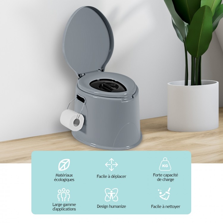 Portable 5L travel toilet in gray with detachable paper holder, ideal for outdoor use and easy to clean.