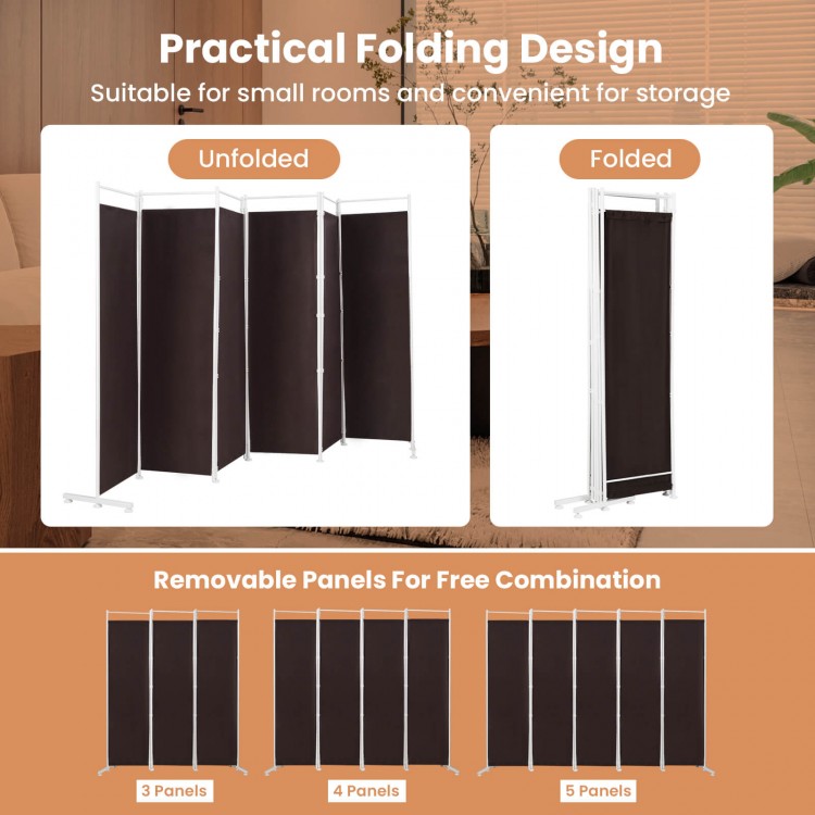 6-panel folding privacy screen in brown, made of durable polyester and steel, ideal for creating private spaces at home.