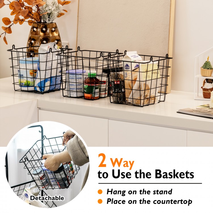 Three removable wire baskets on a stand, ideal for storing fruits, snacks, and vegetables in the kitchen or pantry.