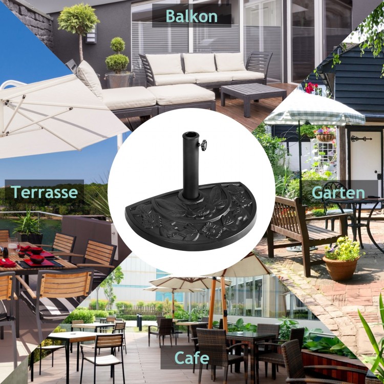 Heavy duty 22-inch round umbrella base stand with decorative pattern, rust-resistant steel and resin construction for.