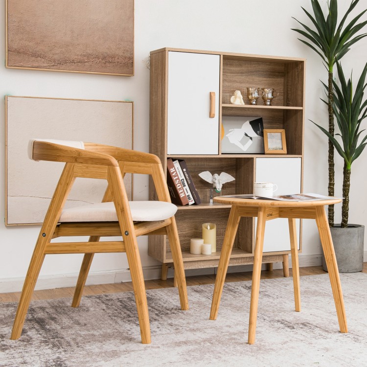 Natural bamboo round end table with 20-inch tabletop, featuring a sleek design and sturdy X-frame for versatile use.